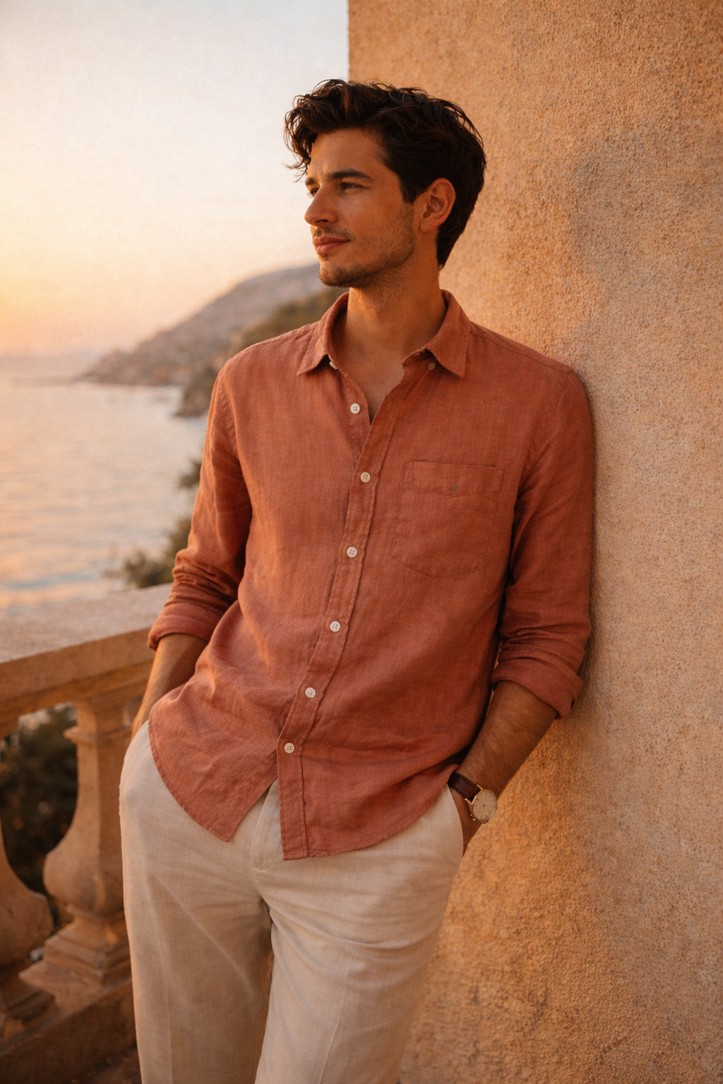 Modelo usando Camisa de Lino & Algodón Rose Lugano