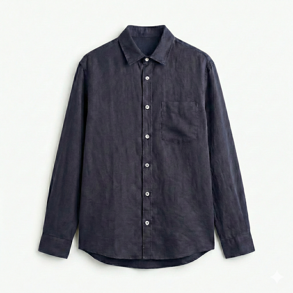 Camisa de manga larga de lino y algodón premium color Midnight Navy con botones claros y corte clásico.