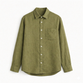 Camisa de manga larga de lino y algodón premium color Olive Green con botones claros y corte clásico.