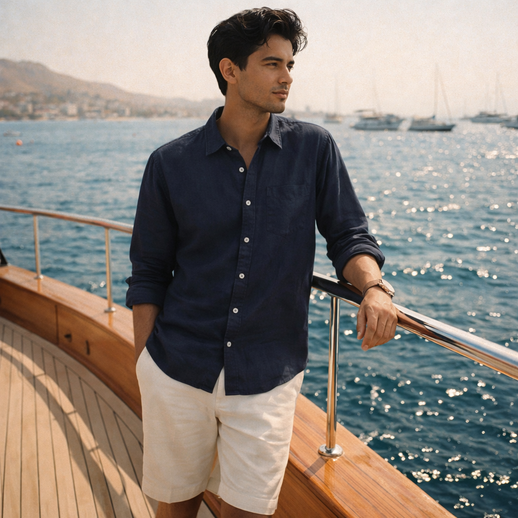 Hombre vistiendo camisa de lino Midnight Navy de Lugano en un yate, estilo Old Money con pantalones claros.