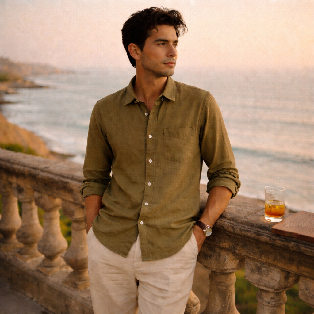 Modelo vistiendo la camisa de lino Olive Green de Lugano en una terraza mediterránea, estilo minimalista y elegante.
